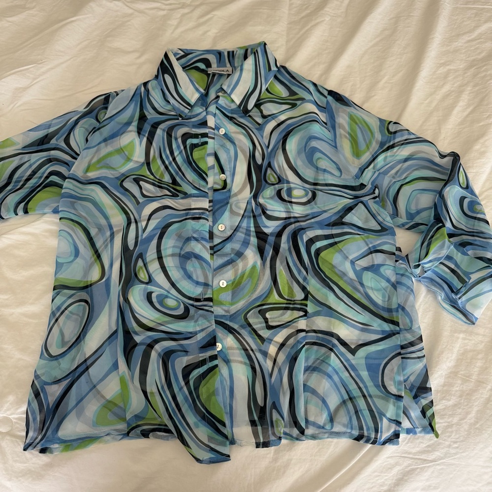 NICOLA Swirl Pattern Sheer Shirt in Blue and Green